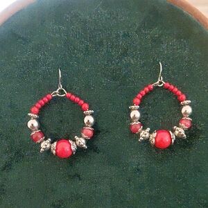 Red and Silver Beaded Hoop Earrings